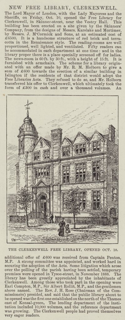 The Clerkenwell Free Library, Opened 10 October by Frank Watkins